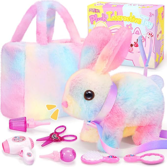 Plush Interactive Bunny Toys for Kids with Tote Bags,Stuffed Robot Pet Rabbit with Leash Hopping Wiggle Ears Pretend Play,Realistic Cute Fidget Toys for Toddler Stocking Stuffers Birthday Gifts