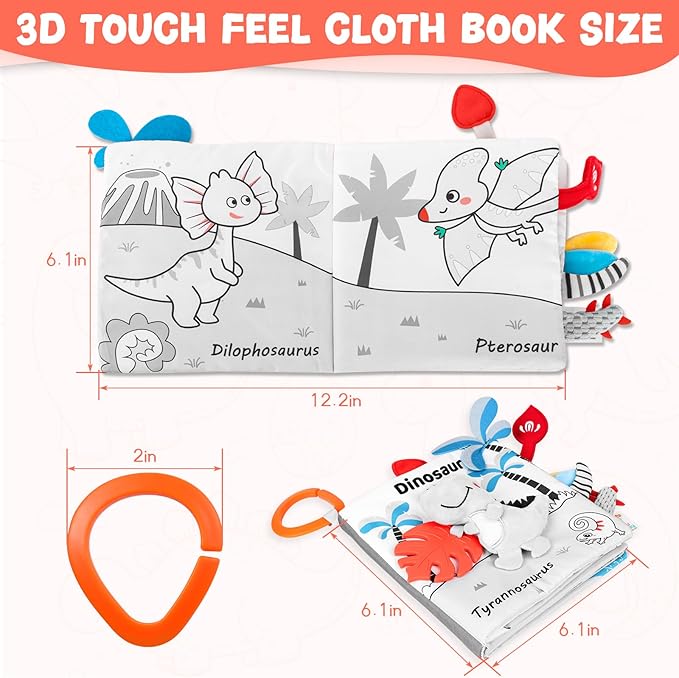 Dinosaur Fabric Book- Crinkle Sound, Touch & Feel, Press Squeaker with Soft Tail Plus Teether Feature - Baby Books Toys for Newborn Infants 0-12 Month