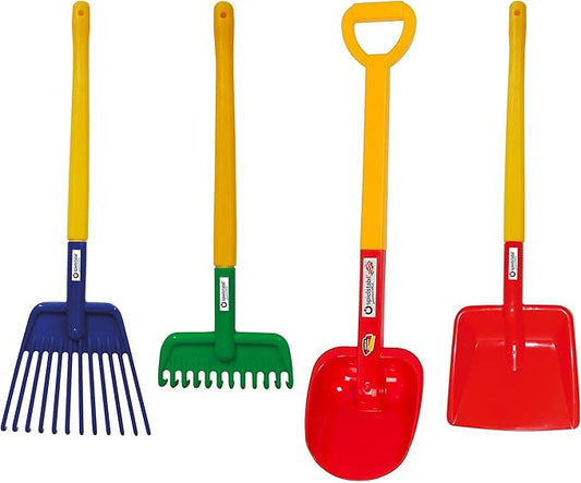 Spielstabil Four Seasons Pack of Sand Toys - Children's & Toddler Outdoor Toys, Long Handled Beach Shovel, Leaf Rake, Flat Snow Shovel & Garden Rake