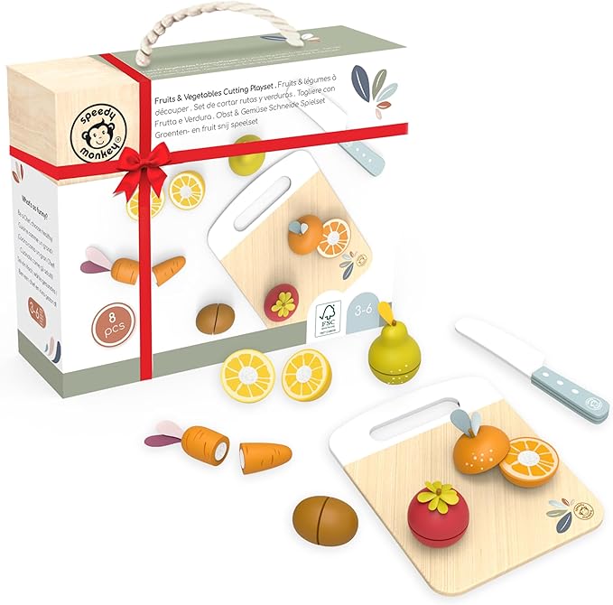 SPEEDY MONKEY Wooden Play Food Set for Toddler – Fruits & Vegetables Cutting Playset, FSC Certified Pretend Food Toy for Kids, Role Play Kitchen Set with Safe Cutting Board & Knife