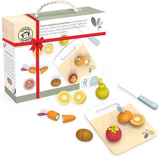 SPEEDY MONKEY Wooden Play Food Set for Toddler – Fruits & Vegetables Cutting Playset, FSC Certified Pretend Food Toy for Kids, Role Play Kitchen Set with Safe Cutting Board & Knife