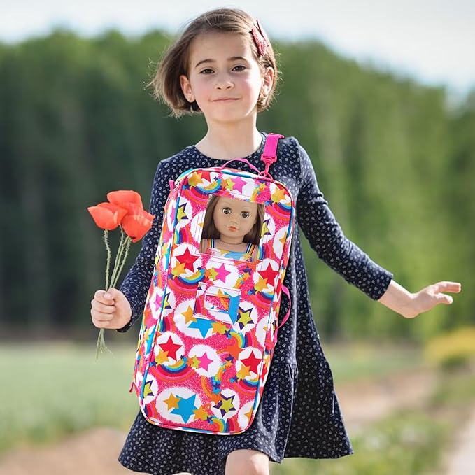K.T. Fancy 6 Pcs 18 Inch Doll Carrier Bag Set and Accessories Including Girl Doll Clothes, Hair Clip, Picnic Blanket, Mini Toy Camera