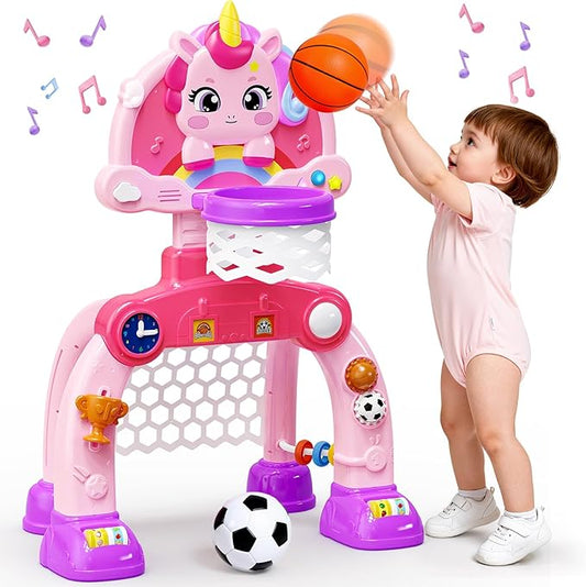 Toddler Basketball Hoop & Soccer Goal Activity Center, Unicorn Toddlers Musical Toys with Light Music, Baby Toddlers Christmas Birthday Present Gifts for 1 2 3 Year Old Girls