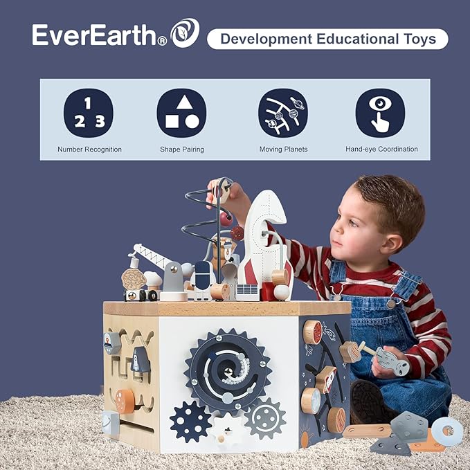 Wooden Activity Cube with Bead Maze, Space Activity Cube for Toddlers 1-3 Girls Boys Multi Play Educational Learning Montessori Cube Toddler Toy Wood Shape Color Sorter - FSC Certified