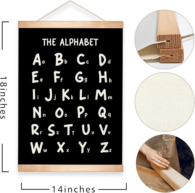 HEYJEEPER Kids Alphabet and Numbers Learning Posters Set of 2,18.5x14 Inch Linen&Canvas Educational Wall Art with Wood Hanger, ABC 123 Chart for Toddlers Classroom Nursery Playroom Decor(Black)