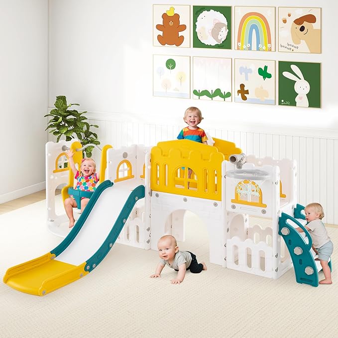 Costzon 10 in 1 Toddler Swing and Slide Set, Kids Slide and Climber Playset w/Aisle, Peek-a-Boo Window & Storage Space, Baby Indoor Playground for Aged 1+ (Yellow,100" × 59" × 40")