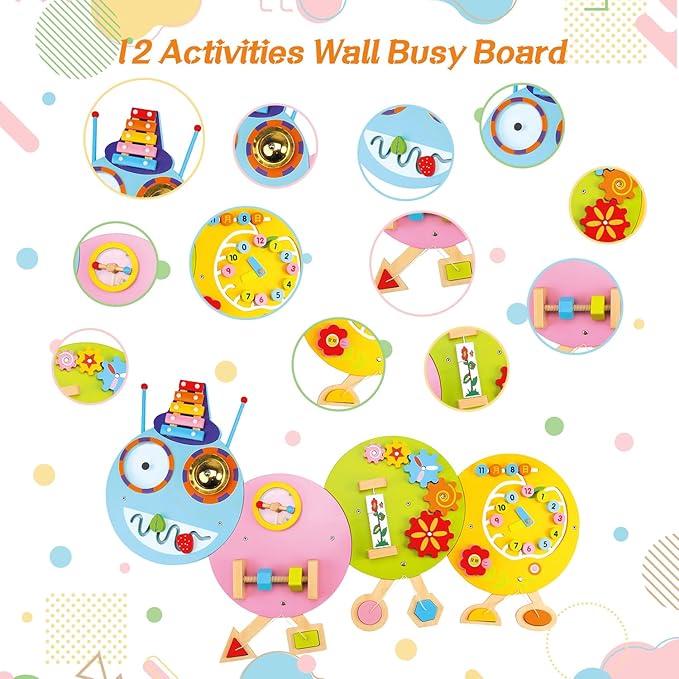 Dollox Caterpillar Activity Wooden Wall Panels, Toddler Sensory Wall Panels Toy Busy Board Interactive Educational Toys, Montessori Wall Decor Preschool Toy for Daycares Activity Center Livingroom