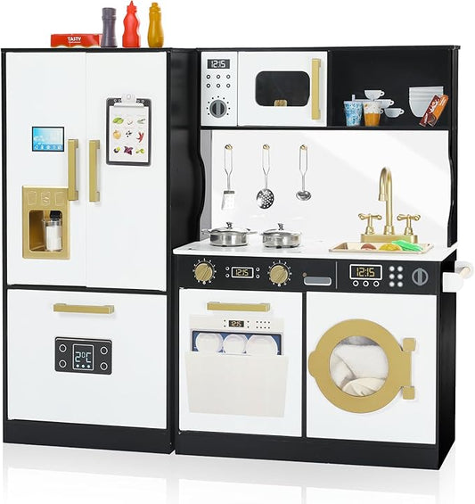 Play Kitchen Sets for Kids, Pretend Wooden Kids Kitchen Playset, Interactive Toy Kitchen with Freezer, Washing Machine, Ice Maker & Large Storage Space, for Boys Girls Ages 3+, Black