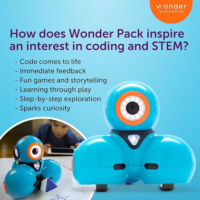 Wonder Workshop Dash Robot Wonder Pack – Coding Educational Bundle for Kids 6+ – Free STEM Apps with Instructional Videos - Launcher Toy, Sketch Kit Drawing, Gripper Building
