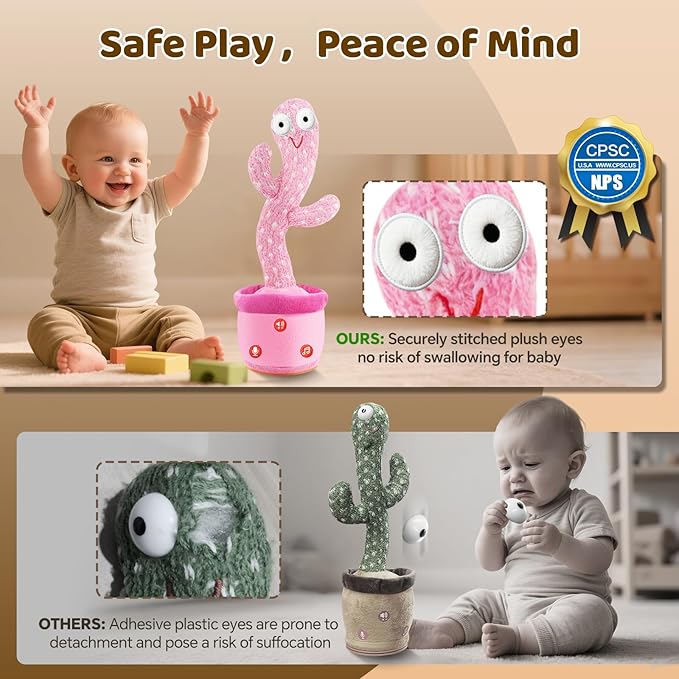 Rechargeable Dancing Talking Cactus Toy for Baby Toddlers, Baby Girl Toys, Volume Adjustable, Mimicking, Recording, Singing English Songs, Xmas Baby Toys & Gifts for Girls, Stocking Stuffers for Kids