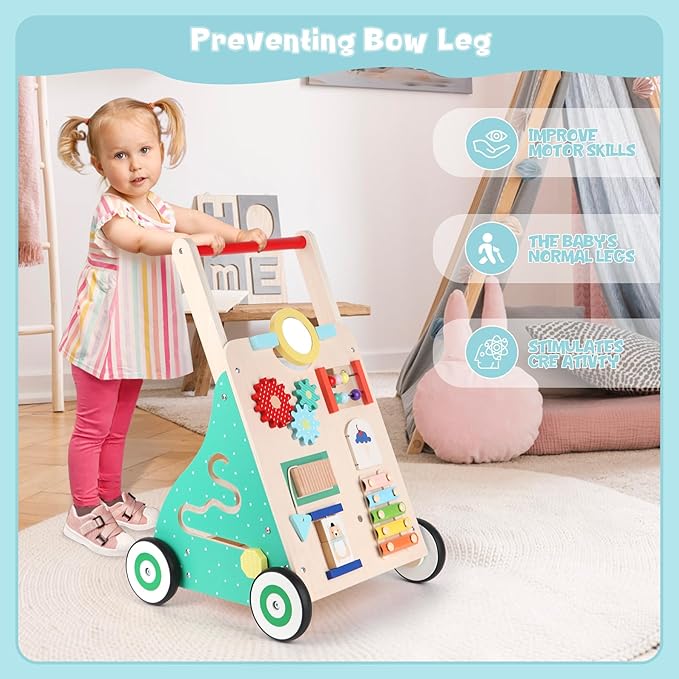 Asweets Wooden Baby Walker Push and Pull Learning Activity Walker Kids’ Activity Toy Multiple Activities Center Develops Motor Skills & Stimulates Creativity(Color)