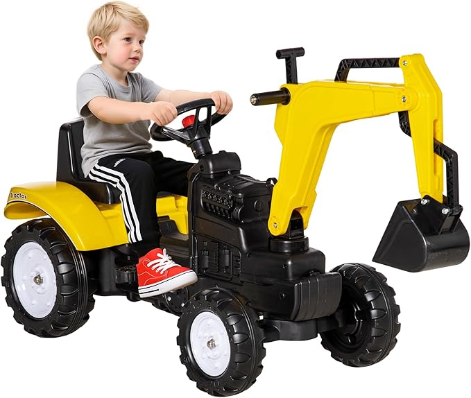 Aosom Kids Ride On Excavator, Pedal Digger, Construction Truck with Horn for Kids and Toddlers 3+, Yellow