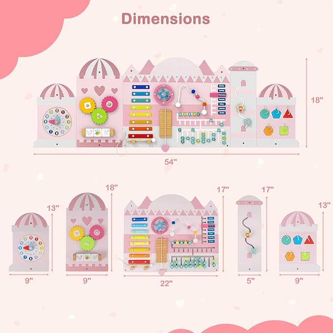 HONEY JOY Castle Activity Wall Busy Board Panels, 11-in-1 Wooden Sensory Wall Panel for Kids, Toddler Learning Activity Center, Ideal for Playroom Daycare Nursery Classroom Dentist Office (Pink)