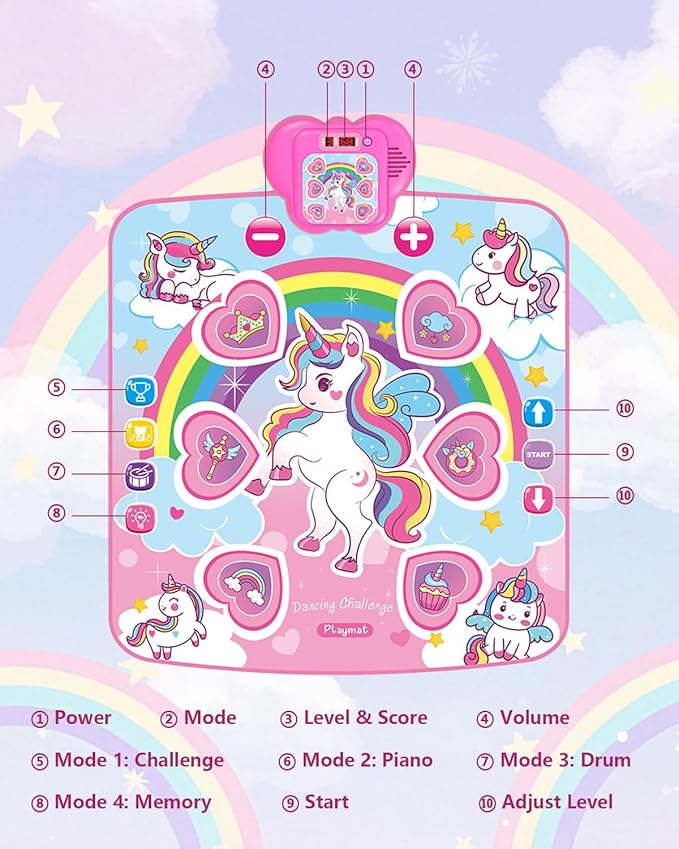 Unicorn Toys Dance Mat for Girls – Bluetooth Light-Up Musical Floor Mat with 4 New Game Modes, Adjustable Volume, 2025 New Gift for Girls Ages 3-12 Birthday & Christmas (Pink)