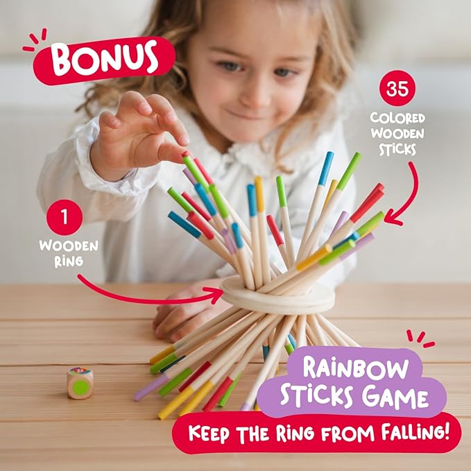 Nene Toys BALLFALL Jumbo – Montessori Wooden Board Game for Kids 3 4 5 6 Years – Colorful Sticks, Dice & Cards – Fine Motor Skills Toy, Math & Counting Game – Educational Gift for Boys Girls Ages 3-9