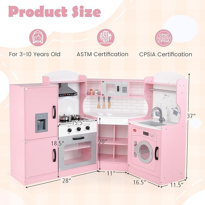 MAT EXPERT Kitchen Playset, Corner Kids Kitchen Playset with Ice Make, Washing Machine, Microwave, Sink, Range Hood, Toy Kitchen, Wooden Play Kitchen for Toddler, Gift for Boys Girls (Pink)