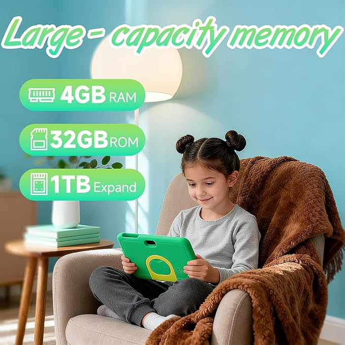 Kids Tablet, 7 inch Android Tablet for Kids, 4GB RAM 32GB ROM 1TB Expand, Toddler Tablets with Parental Control, IPS Screen, Dual Camera, Educational, Games, Shockproof Case for Boys/Girls (Green)