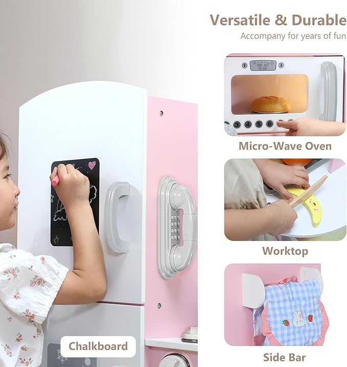 Kinder King Wooden Kids Play Kitchen, Toy Kitchen Playset for Toddler, Pretend Oven, Microwave, Telephone, Chalkboard, Interactive Doors, Knobs, Realistic Kitchen Sets for Boys Girls Age 3+, Pink