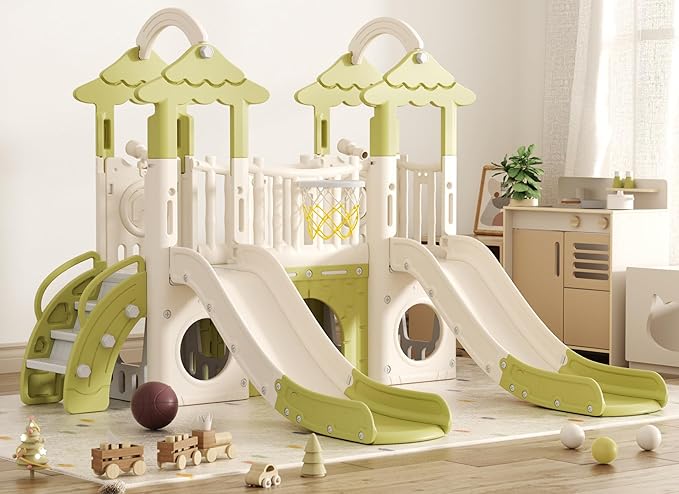 KORIMEFA 10-in-1 Toddler Slide, Kid Double Slide for Toddlers Age 1-3, Basketball Hoop, and Telescope, Indoor Outdoor Slide Toddler Playset Toddler Playground, Forest Themed Green, FE-ST-SWW0464