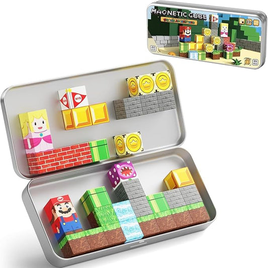 Magnetic Blocks Travel Toys, 35PCS Magnetic Tiles for Kids Ages 3-8, Portable STEM Building Cubes with Metal Storage Box, Toddler Learning Toys for Ages 3+