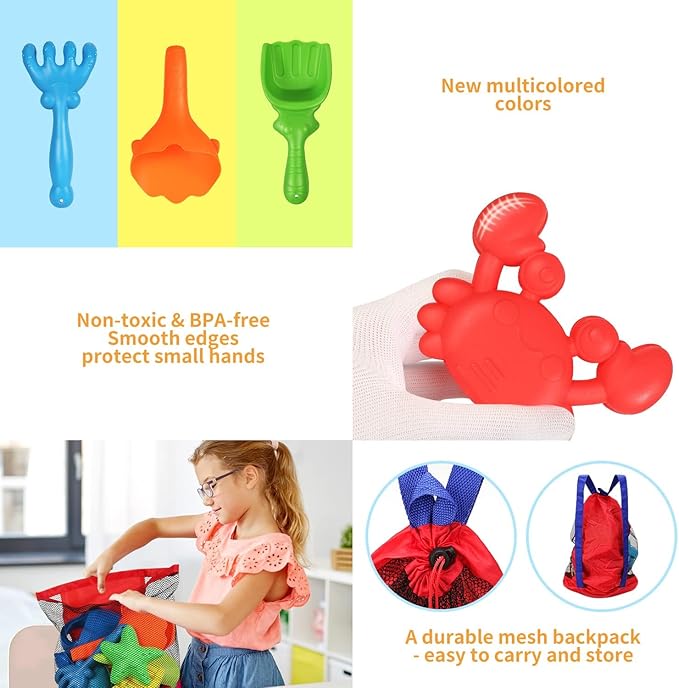 Beach Sand Toys Set, 24PCS Sandbox Toys with Mesh Backpack Bag Included 2 Foldable Buckets Pails, Sand Molds, Shovels, Rakes and Watering Can, Summer Outdoor Toys for Kids Toddlers Boys Girls