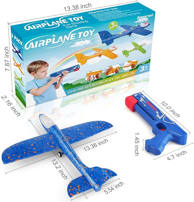 3 Pack Airplane Launcher Toy, 12.6" Foam Glider Led Plane, 2 Flight Mode Catapult Plane for Kids Outdoor Sport Flying Toys Gifts for 3 4 5 6 7 8 9 10 12 Year Old Boys Girls