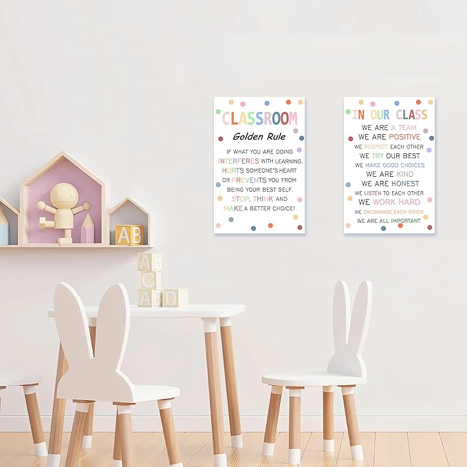 Wentipo Classroom Rule Poster with Pastel Boho Polka Dots, Classroom Rules Poster for Elementary, Middle School, Positive Behavior Management Sign Wall Art Bulletin Board Decor 12x18inch Unframed