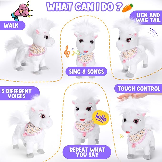White Walking Singing Pony Set Talking Musical Dancing Pony with Leash, Electric Plush Pretend Play Horse Toy for Girl Kid, Nod Lick Wag Repeat What You Say, Farm Animal Horse Pony Boy