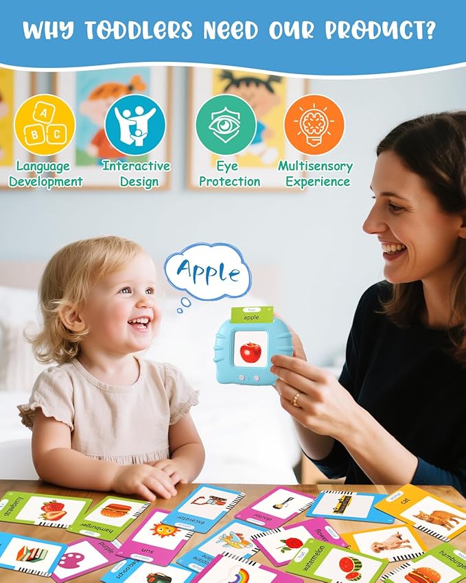 224 Words English Talking Flash Cards with Music, Montessori Educational Learning Kid Toddler Toys, Pocket Speech Therapy and Autism Christmas Sensory Toys for Girls Boys