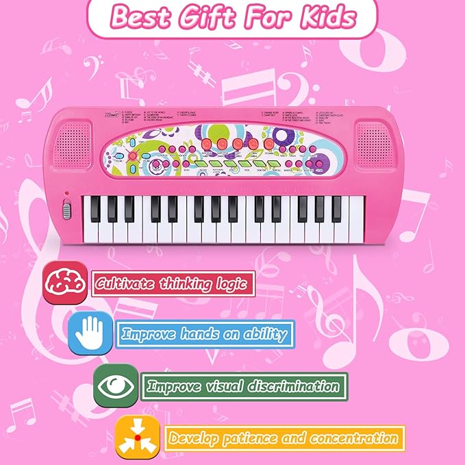 32 Keys Kids Piano Keyboard Toys, Multifunction Keyboard for Kids - Children Early Learning Educational Music Piano Toys for 3-8 Year Old Boys and Girls (Pink)
