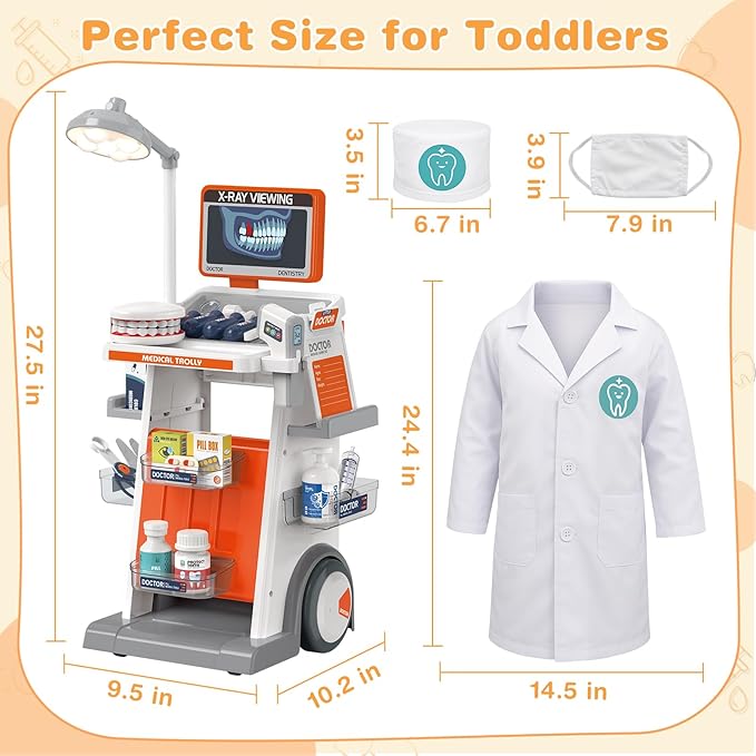 Dreamon Doctor Kit for Toddlers 3-5 Pretend Play Toys - 29 Pcs Kids Dentist Cart Play Set with Light and Costume - Role Play Medical Toy for 3+ Year Old Boys and Girls Christmas Birthday Gifts