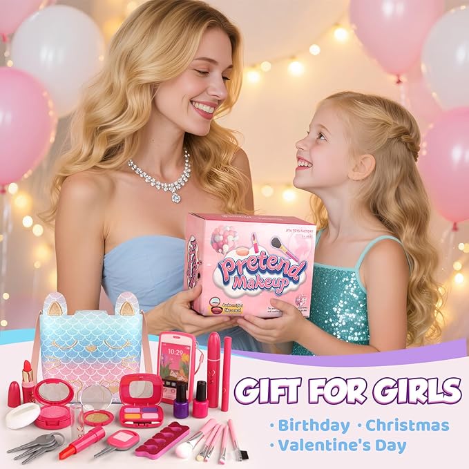 Pretend Makeup for Toddlers, Play Makeup Kit for Little Girls Age 3-5, Mermaid Toy with Fake Make up Set for Kids, Christmas Birthday Gifts for 3 4 5 Year Old Girl