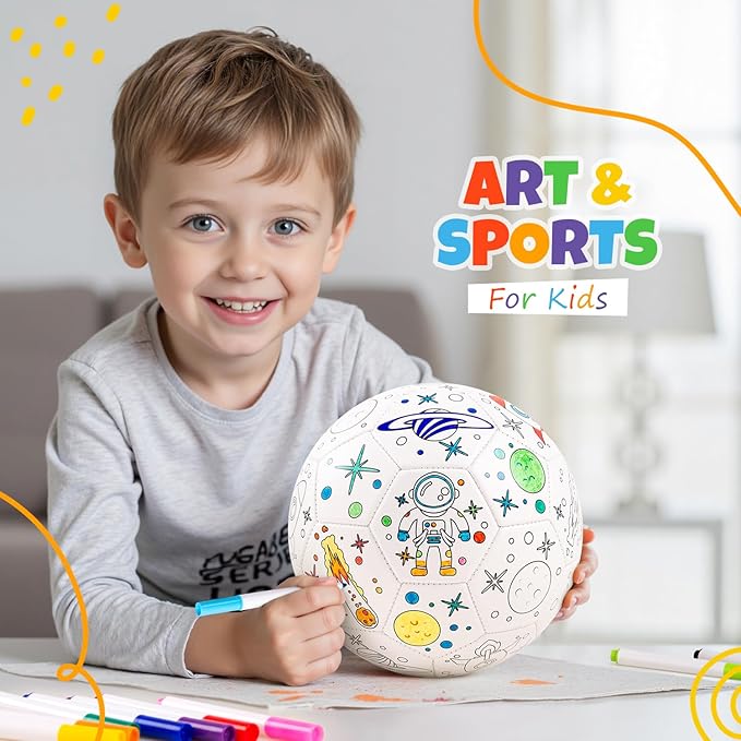 EVERICH Paint Your Own Soccer Ball with Markers, Toddler Arts and Crafts Soccer Gifts, Kids Soccer Ball Size 3 Astronaut Toys for Boys Girls, Sports Drawing DIY Design Color Play Ball Games with Pump