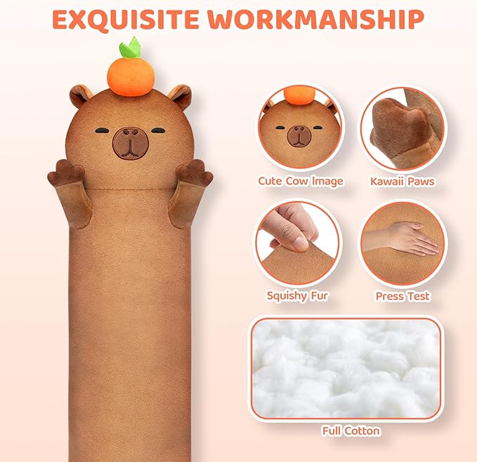 Mewaii Long Capybara Plush 5 Sizes, 120% Extra Filling Giant Plushness Kids Body Pillow, Kawaii Cute Capybara Stuffed Animals Plushies, Big Long Body Pillow Cat Plush Gift for Girls 20”