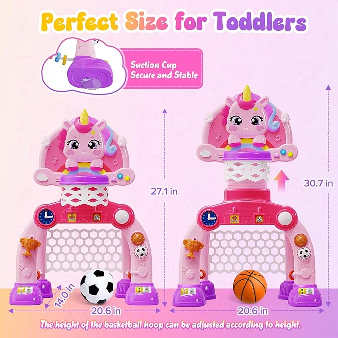 Toddler Basketball Hoop & Soccer Goal Activity Center, Unicorn Toddlers Musical Toys with Light Music, Baby Toddlers Christmas Birthday Present Gifts for 1 2 3 Year Old Girls