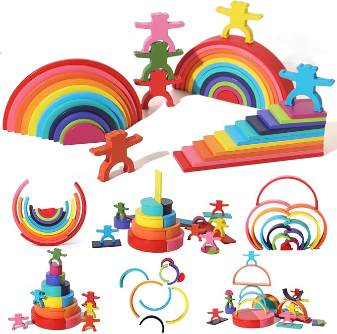 40-Piece Wooden Rainbow Stack Set, 4-in-1 Building Blocks preschoolers Early Development & Activity Toys Montessori Toys for Kids 1 2 3 4 Years and Older Gifts for Boys and Girls