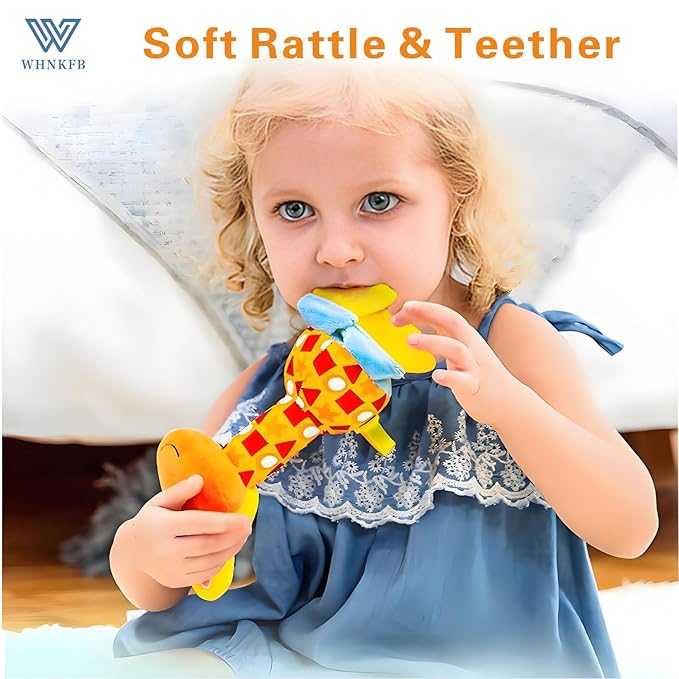 Baby Teether Rattle Toy - Soft Giraffe Plush with Crinkle Squeaky Sound, Sensory Shaker for Newborns 0-12 Months, Infant Learning and Travel Stroller Toy