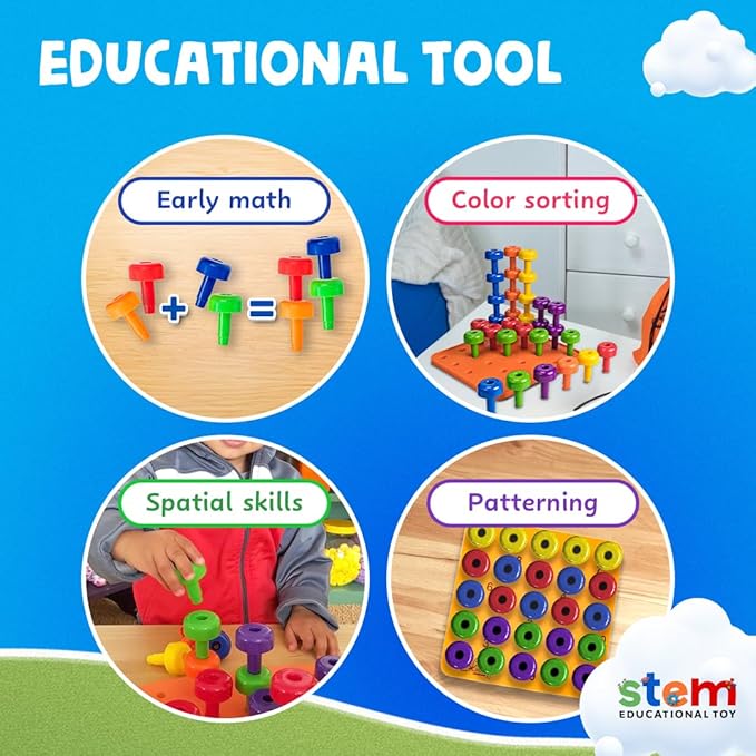 Skoolzy Peg Board Set - Montessori Toys for 2 Year Old - 33 Pc Plastic Peg Board for Kids - Occupational Therapy Toys with Pegs, Dice, Lacing String & Storage Bag