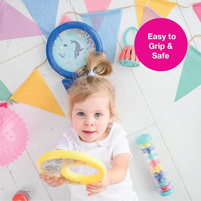 Edushape Classic Tambourine for Kids, Yellow - Percussion Musical Instrument Baby Tambourine for Toddlers 1-3, Kids Tambourine Fun Tummy Time, Fine Motor, Auditory and Visual Sensory Development