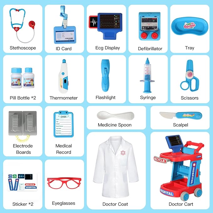 Doctor Kit for Toddlers 3 4 5, Kids Doctor Cart Toy with Costume & Stethoscope, Medical Pretend Role Play Set for Girls Boys Christmas Birthday Gift