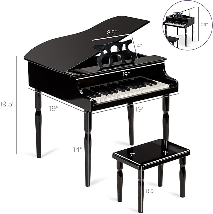 Best Choice Products Kids Classic Wooden 30-Key Mini Grand Piano Musical Instrument Toy w/ Piano Lid, Bench, Foldable Music Rack, Song Book, Note Stickers, Enamel Finish - Black
