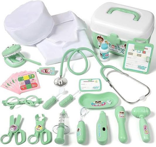 Durable Doctor Kit for Kids, 27 Pcs Deluxe Pretend Play Medical Kit Toy with Real Stethoscope, Doctor Kit for Toddlers Boys Girls Christmas Birthday Gift (Green)
