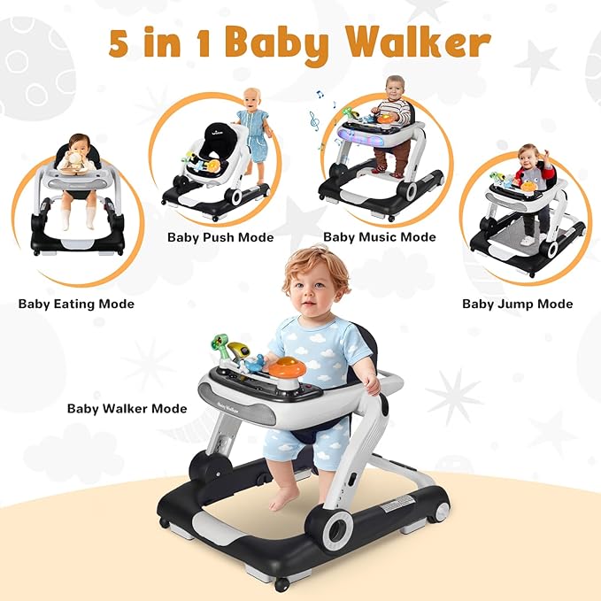 5 in 1 Baby Walker, Activity Baby Walker-Baby Bouncer, Rocker, Activity Center,Seat and Push Walker,Detachable Trampoline Mat, Adjustable Speed Rear Wheels and Height,Ages 6-18 Months