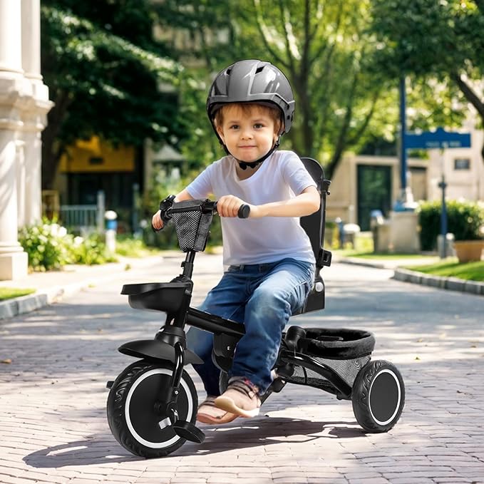 Kinder King Kids Tricycle, 8 in 1 Folding Toddler Trike w/Adjustable Push Handle, Rotatable Seat, Adjustable Canopy, Bell, Five-Point Harness, Storage, Toddler Stroller Bike for Age 6 Months+, Grey