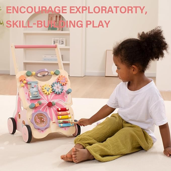 Giant bean Wooden Baby Push Walker for Girls Toddler Kids 1-3 with Activity Center, Pink Butterfly Montessori Learning Push Walker with Wheels, Push Toy Develops Motor Skills & Stimulates Creativity