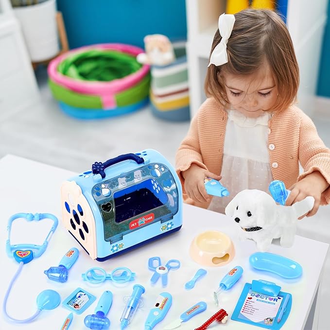 Dog Toys Doctor Kit for Kids, Walking Barking Electronic Interactive stuffed Puppy Toy with Pretend Playset for Toddlers, Pet Care Veterinarian Toy Set, Ages 3-6 Year Old for Girls Role Play Gift Blue