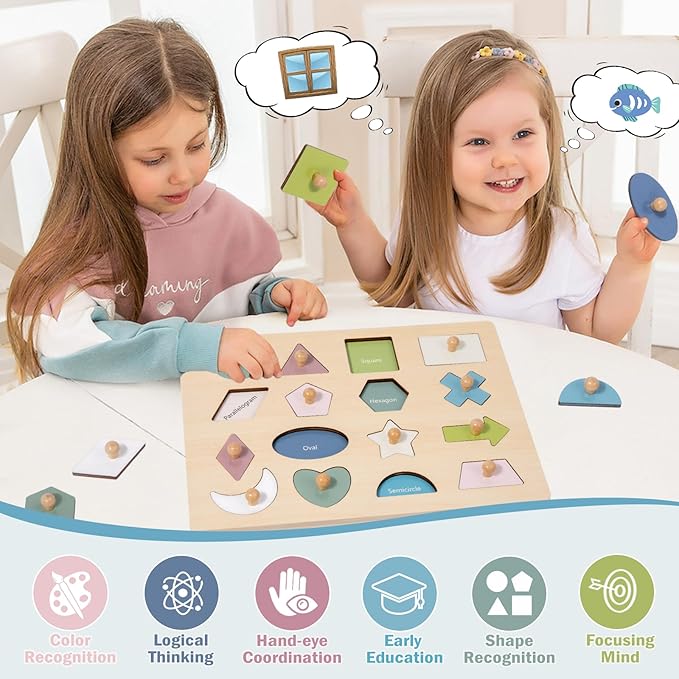 Montessori Toy for Babies 18-24 Months Wooden Shape Puzzles for Toddlers 1-3,Shape Peg Puzzles,Baby Puzzle 18-24 Months with Knob,Color & Shape Sorter for Toddlers(16 Geometric Shapes)