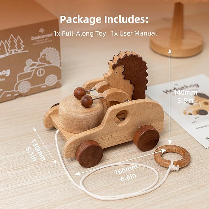 Hedgehog Pull-Along Toy | Musical Wooden Pull Toy with Wooden Grip Ring | Natural Drumming Sound for Toddlers 1.5+ Years