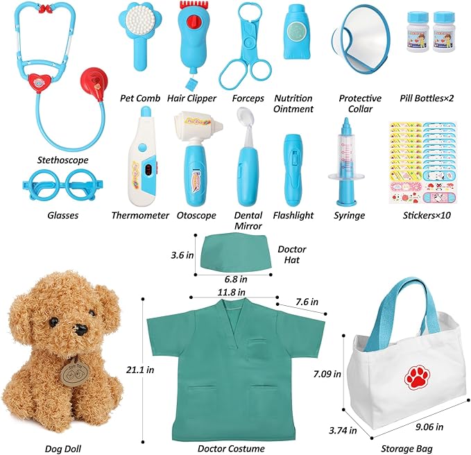 Liberry Doctor Kit for Toddlers 3 4 5 6 Years Old, 28 Pcs Kids Doctor Playset with Dog Toy, Stethoscope and Dress Up Costume, Pretend Play Medical for Boys Girls (Blue)