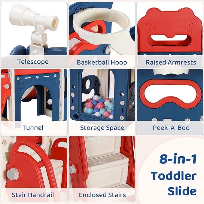 Arlopu 8 in 1 Toddler Slide Playset for Kids, Indoor Outdoor Baby Slide with Basketball Hoop, Telescope & Storage Space, Kids Playground Climber with Enclosed Steps (Red Blue)